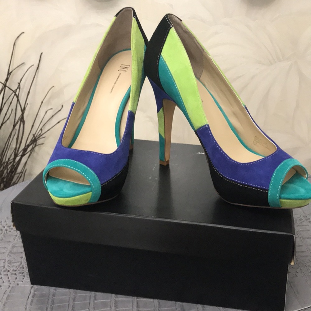 INC International Concepts Suede Pattie Colorblocked Platform Peeptoe Sandal